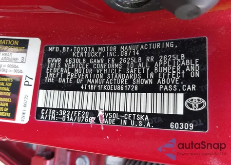 2014 Toyota Camry Se from USA, damaged, VIN 4T1BF1FK0EU861728